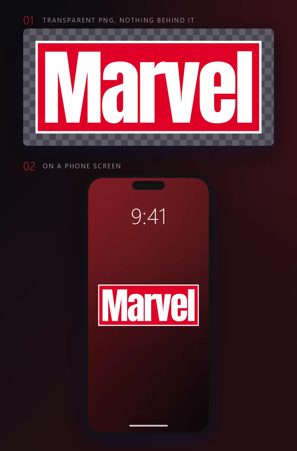 The red logo block shown twice: first on a dark checkerboard standing for a transparent background, then filling the screen of a phone as a wallpaper