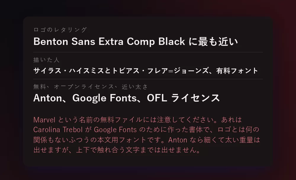 三行を並べたカード：ロゴのレタリングは Benton Sans Extra Comp Black に最も近いこと、描いたのはサイラス・ハイスミスとトビアス・フレア=ジョーンズで有料フォントであること、そして自由でオープンな選択肢が Google Fonts の Anton であること