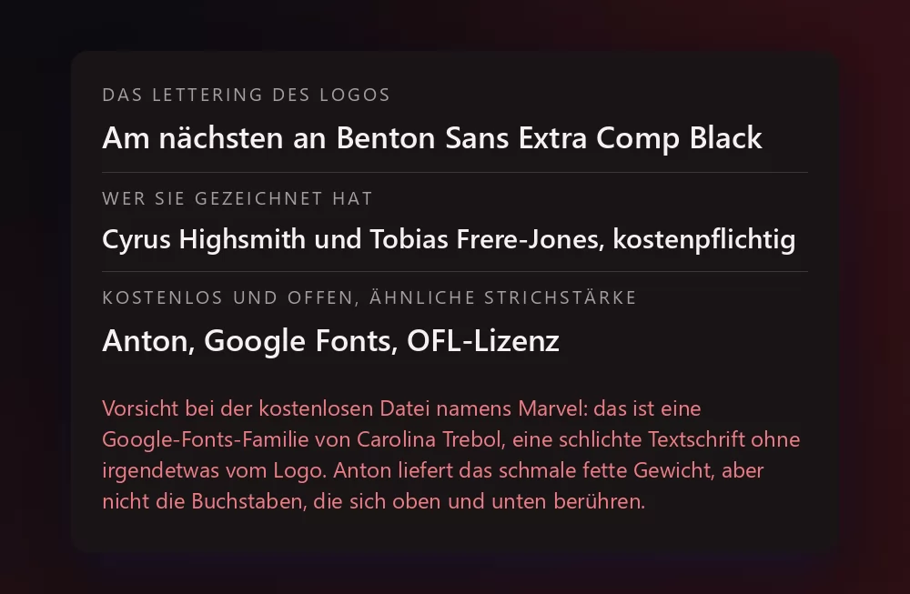 Eine Karte mit drei Zeilen: das Lettering des Logos, am nächsten an Benton Sans Extra Comp Black; wer sie gezeichnet hat, Cyrus Highsmith und Tobias Frere-Jones, kostenpflichtig; und Anton bei Google Fonts als frei lizenzierte Alternative
