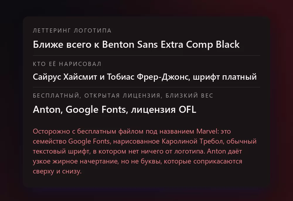 Карточка со строками: леттеринг логотипа, ближе всего к Benton Sans Extra Comp Black; кто его нарисовал, Сайрус Хайсмит и Тобиас Фрер-Джонс, шрифт платный; и Anton на Google Fonts как вариант с бесплатной открытой лицензией