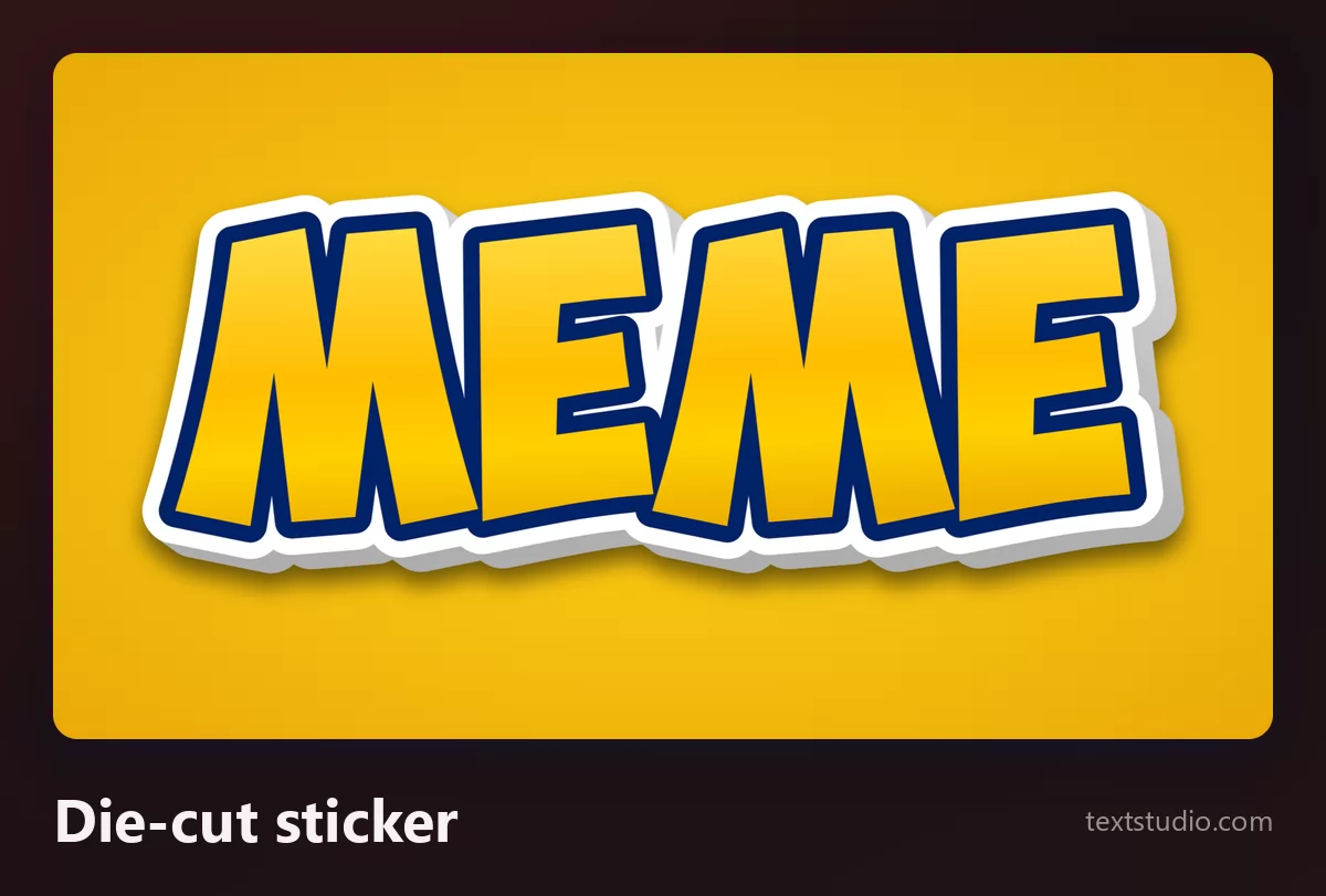 The word MEME in chunky yellow capitals surrounded by a white die-cut sticker border and a soft shadow, on an orange background