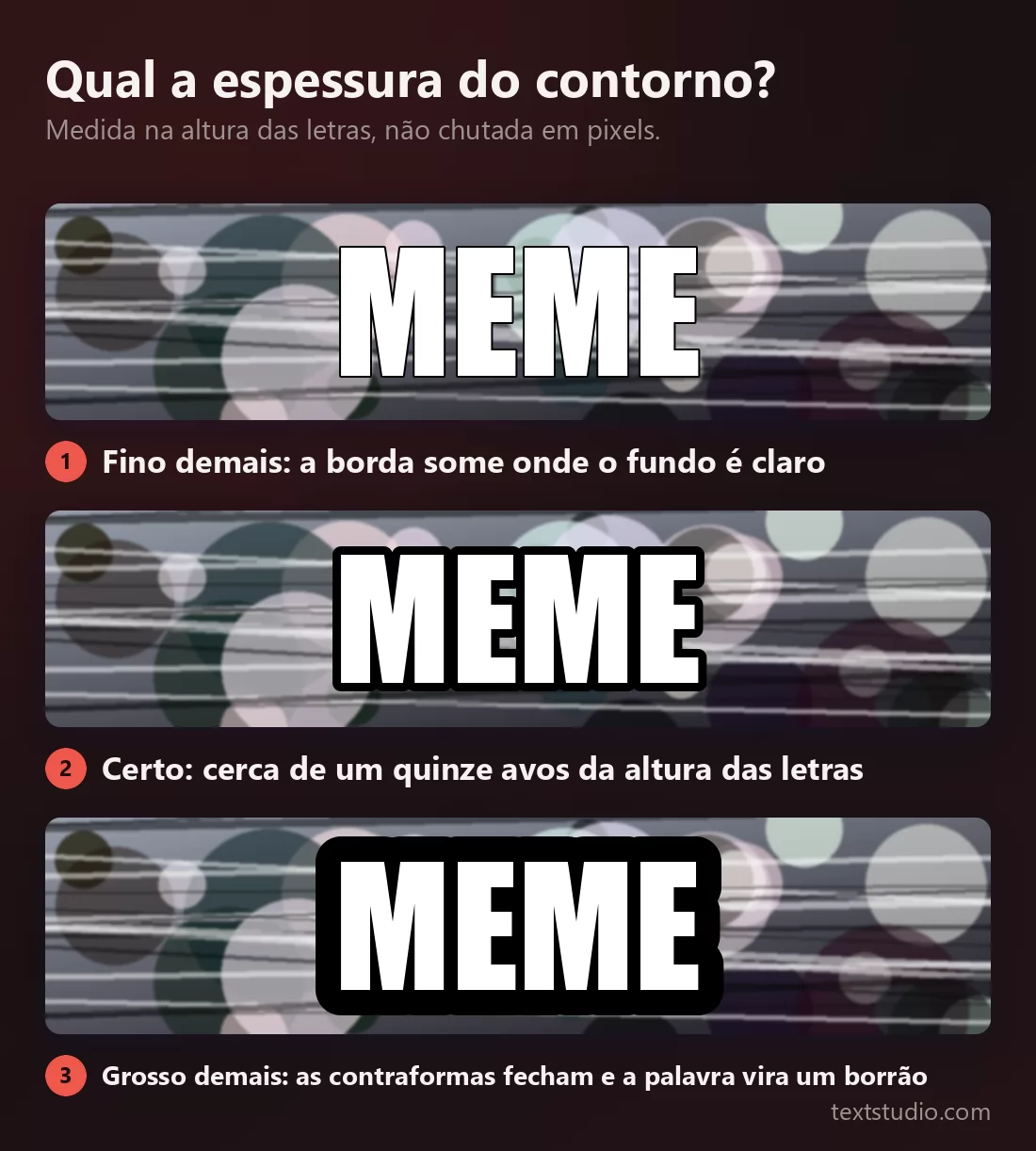 A palavra MEME três vezes sobre o mesmo fundo carregado: um contorno finíssimo que some contra as manchas claras, um contorno médio que continua limpo e um contorno tão grosso que as letras se fundem num bloco sólido
