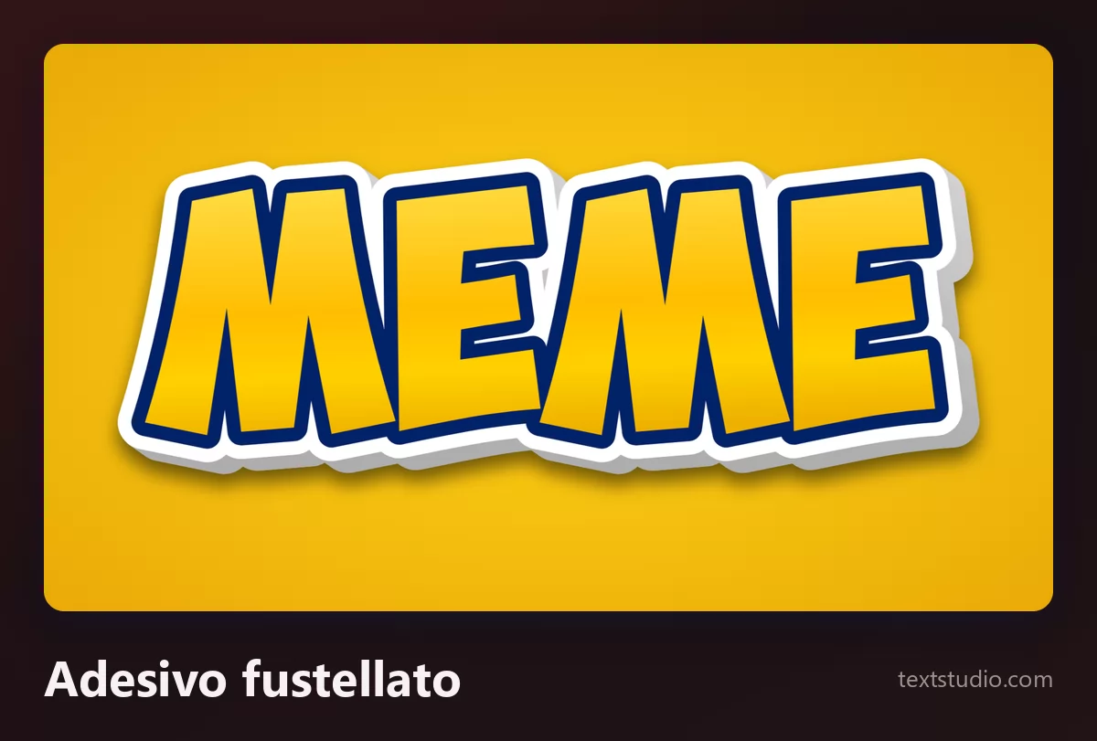 La parola MEME in grosse maiuscole gialle circondate da un bordo bianco da adesivo fustellato e da un'ombra morbida, su uno sfondo arancione