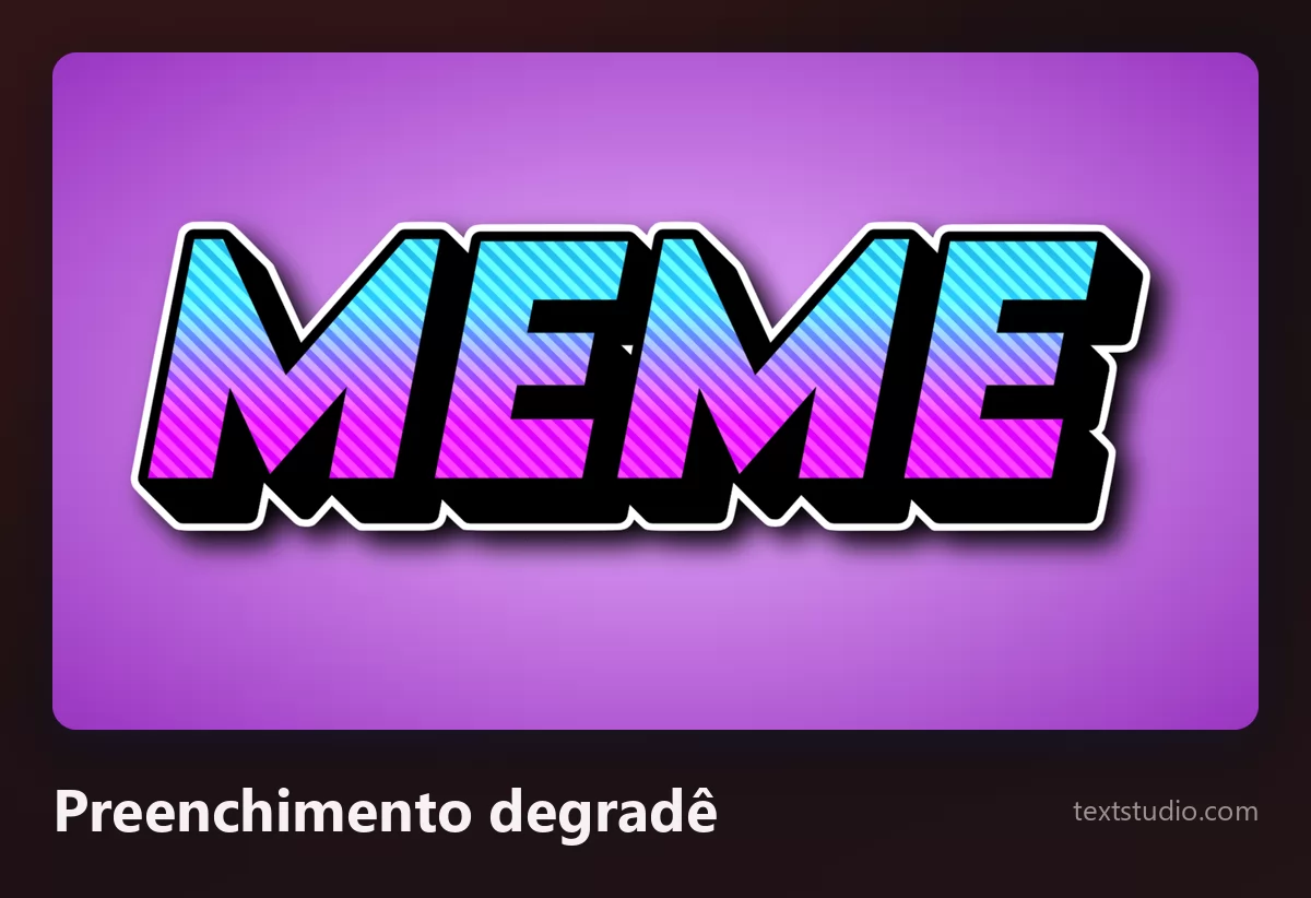 A palavra MEME em maiúsculas preenchidas com um degradê de azul para rosa sob um contorno preto grosso, sobre um fundo roxo