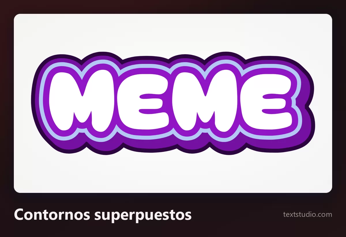 La palabra MEME en mayúsculas blancas redondeadas rodeadas por varios contornos apilados en morado y lila, sobre un fondo claro, con el halo grueso de un pack de pegatinas