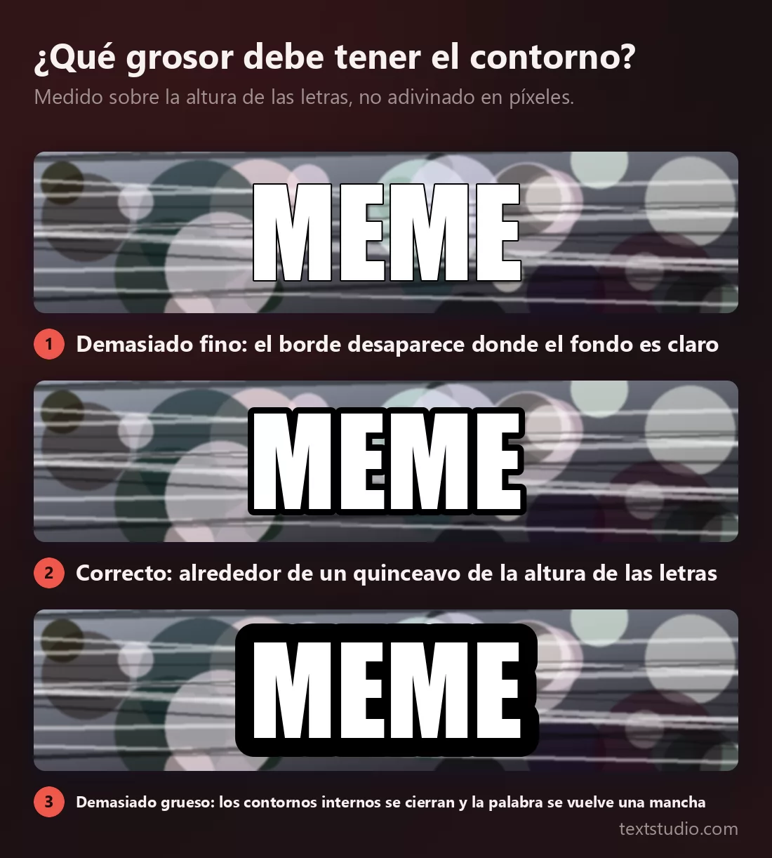 La misma palabra tres veces sobre un fondo recargado, con un contorno finísimo que desaparece sobre las zonas claras, un contorno medio que se mantiene limpio y un contorno tan grueso que las letras se funden en un bloque macizo