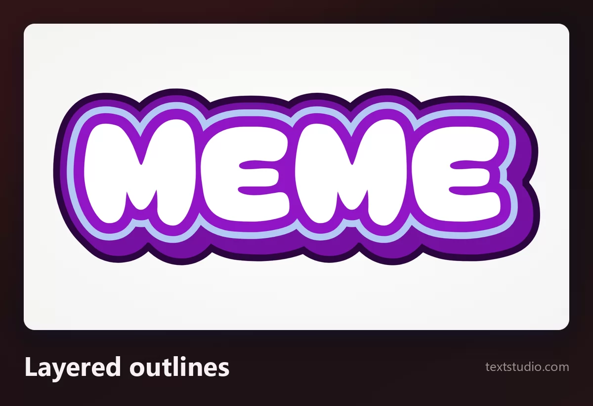 The word MEME in white rounded capitals surrounded by several stacked outlines in purple and lilac, on a pale background