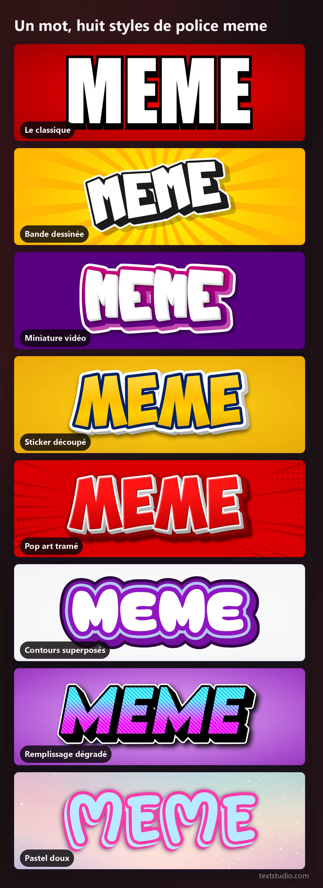 Le mot MEME en huit styles de police meme : classique blanc à contour noir, blanc de BD sur soleil jaune, blanc de miniature sur aplat violet, sticker jaune découpé, pop art tramé rouge, contours violets superposés, dégradé sous noir et pastel rose