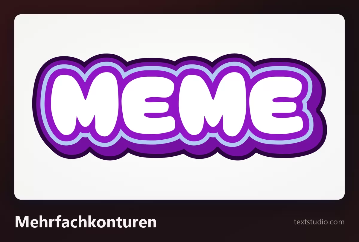 Das Wort MEME in weißen runden Versalien, umgeben von mehreren gestapelten Konturen in Violett und Flieder, auf hellem Hintergrund