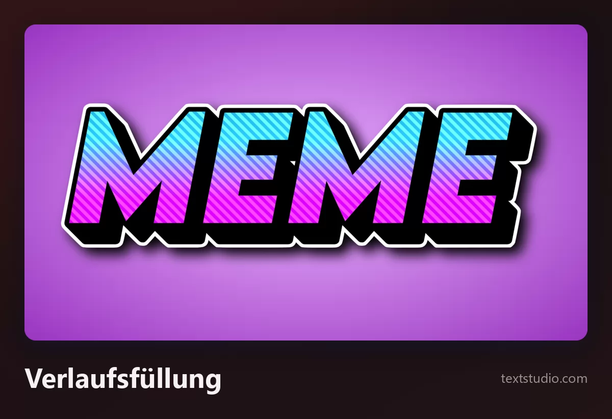 Das Wort MEME in Versalien, gefüllt mit einem Verlauf von Blau nach Pink unter einer schweren schwarzen Kontur, auf violettem Hintergrund