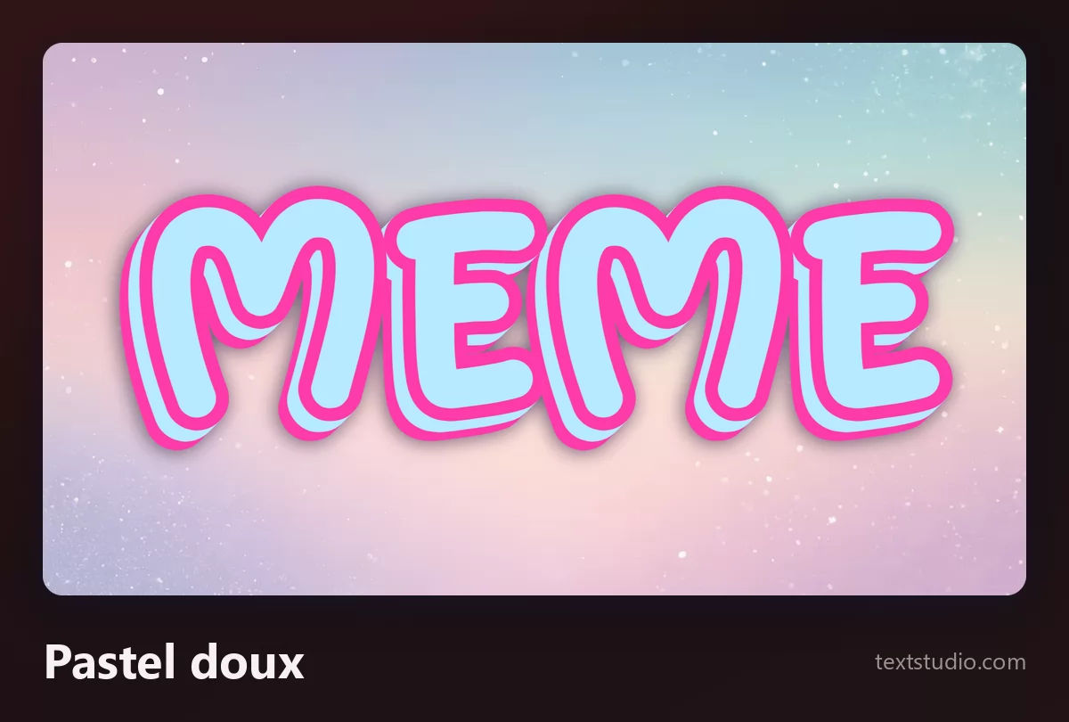 Le mot MEME en capitales arrondies bleu pâle cernées d'un contour rose tendre, posées sur un fond en dégradé pastel très clair