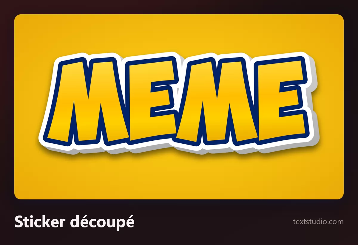 Le mot MEME en grosses capitales jaunes entourées d'une bordure blanche de sticker découpé et d'une ombre douce, sur un fond orange