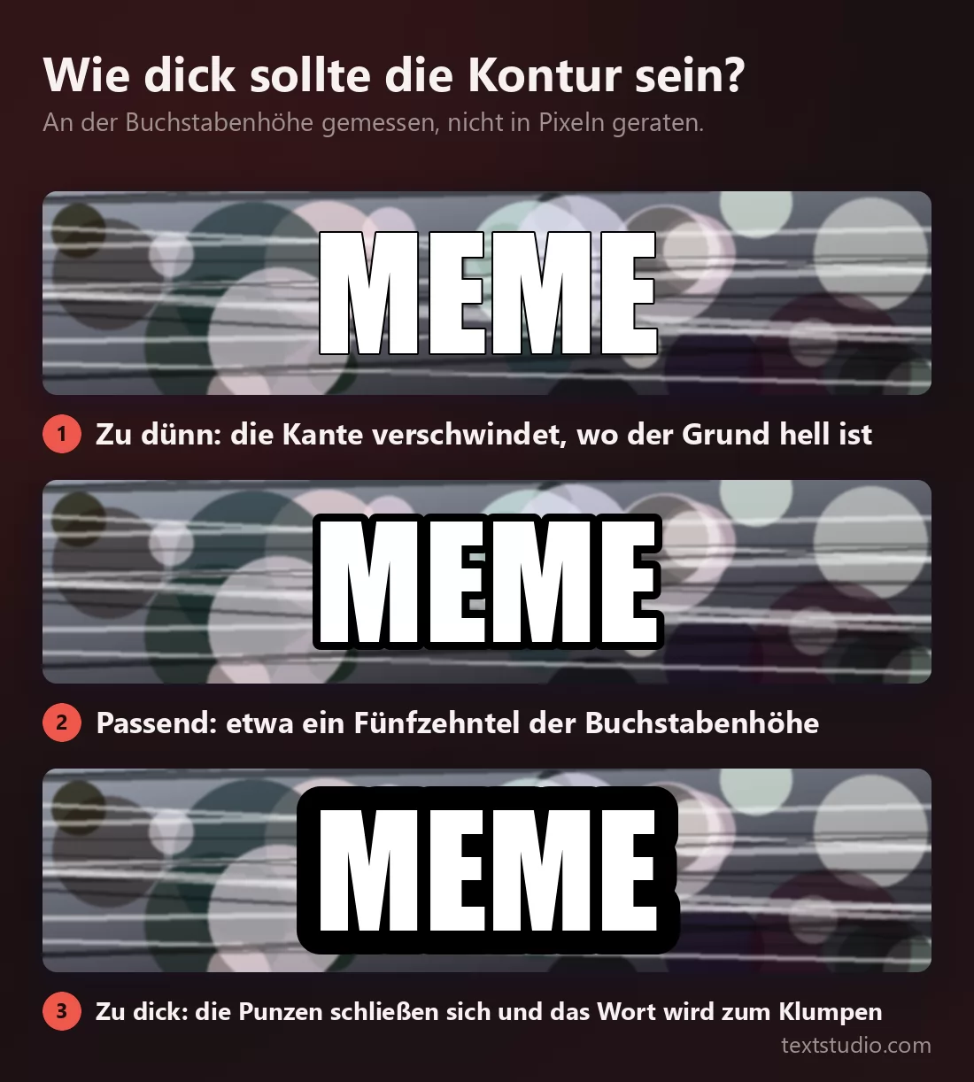 Das Wort MEME dreimal über einem unruhigen Hintergrund: mit einer haarfeinen Kontur, die an den hellen Stellen verschwindet, mit einer mittleren, die sauber bleibt, und mit einer so dicken, dass die Buchstaben zu einem massiven Block verschmelzen