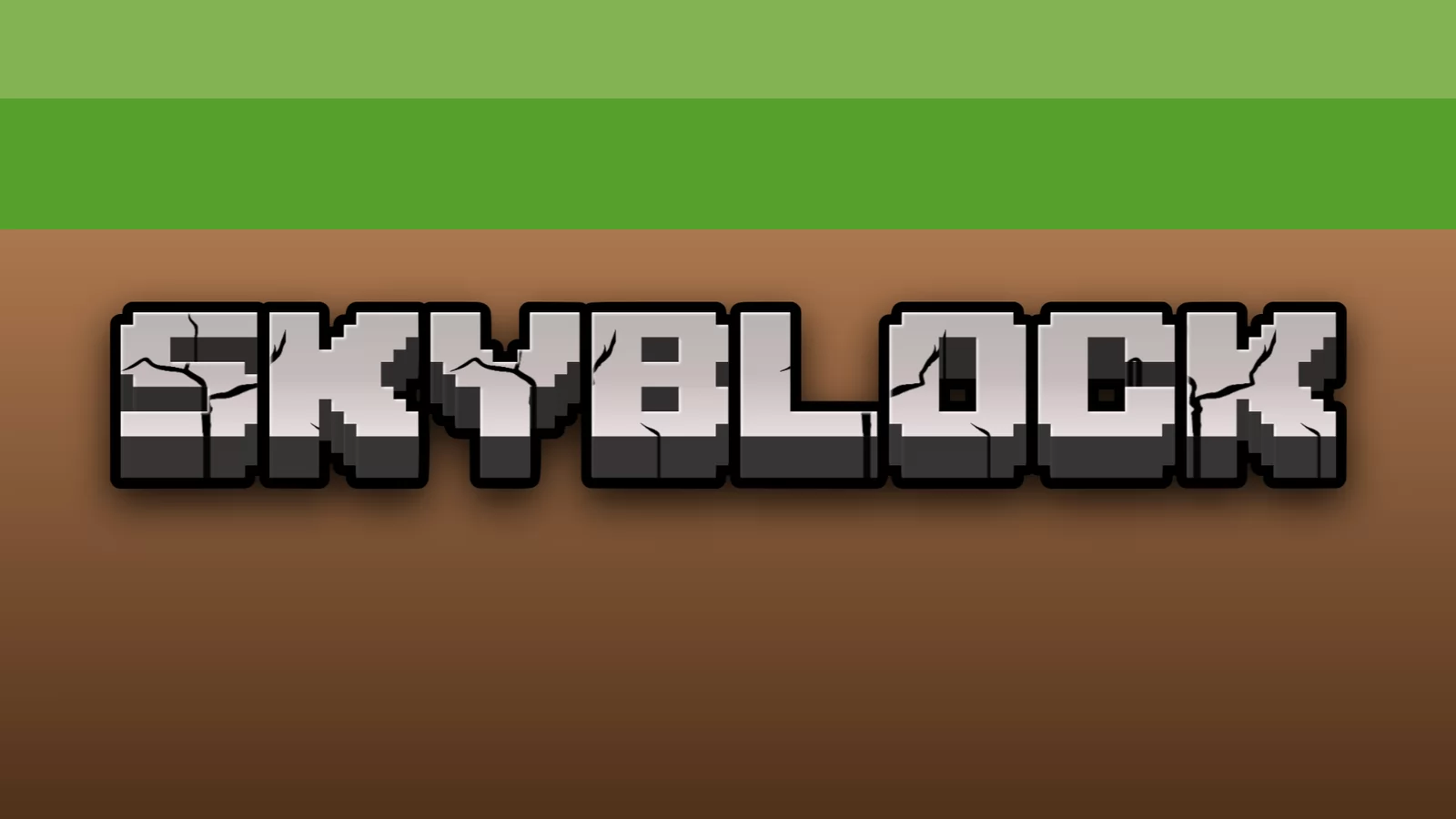 A Minecraft style server logo reading Skyblock in chunky cracked stone letters, set against a pixelated grass and dirt background