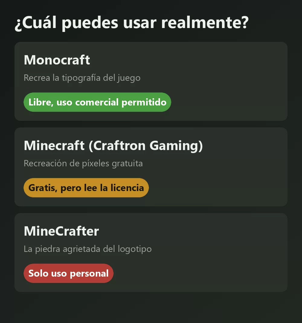 Tres fuentes al estilo Minecraft comparadas con el veredicto de su licencia: Monocraft marcada como libre para uso comercial, una recreación de píxeles gratuita marcada como pendiente de revisar, y la fuente de piedra agrietada del logotipo marcada como solo uso personal