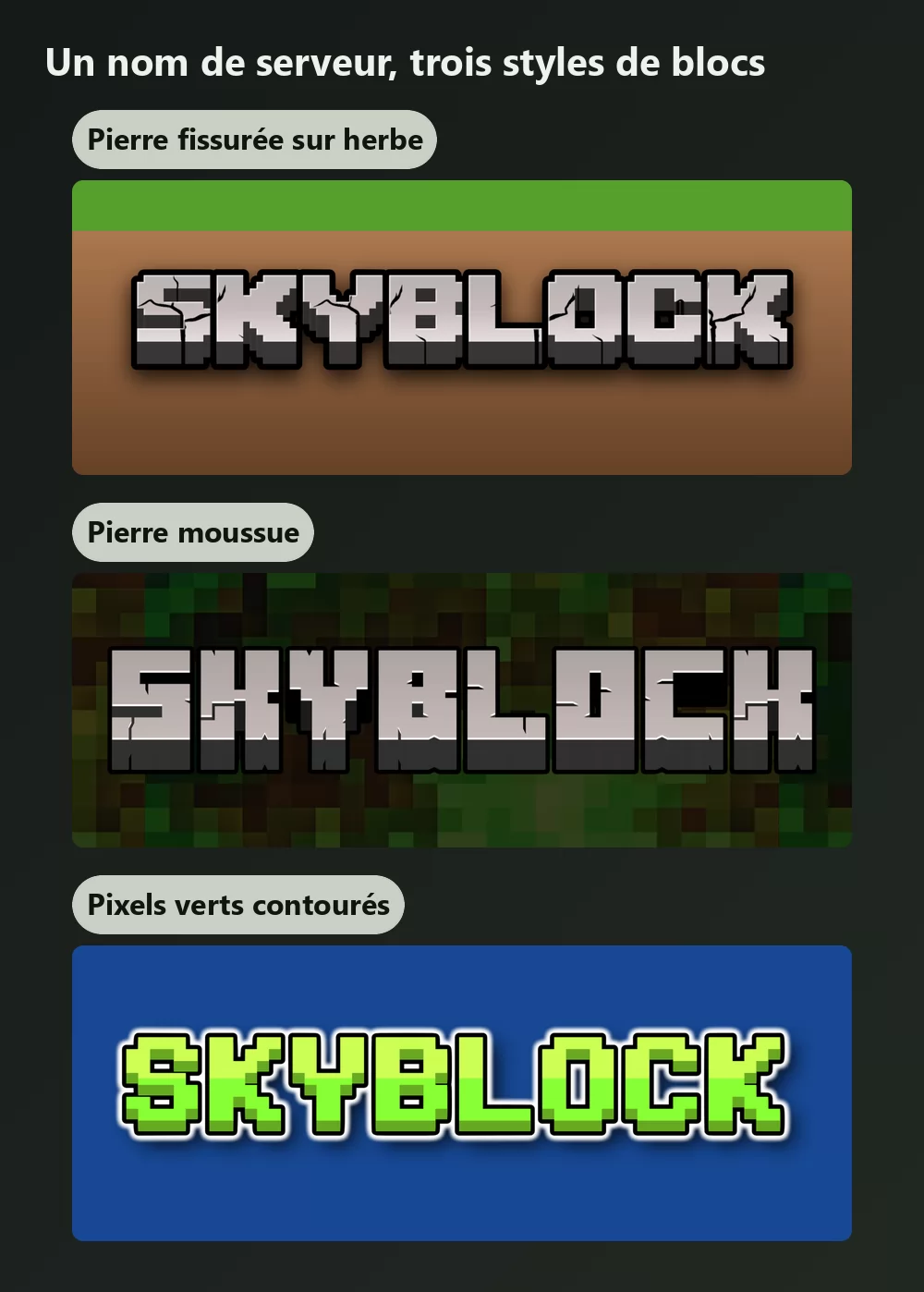 Le même nom de serveur rendu dans trois styles de lettres en blocs : pierre grise fissurée sur de l'herbe, pierre sombre moussue, et lettres pixel vert vif contourées de blanc