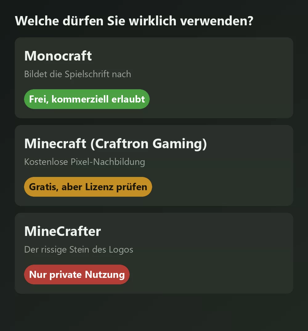 Drei Schriften im Minecraft-Stil mit dem Urteil ihrer Lizenz verglichen: Monocraft als frei für kommerzielle Nutzung markiert, eine kostenlose Pixel-Nachbildung als zu prüfen markiert, und die rissige Steinschrift des Logos als nur privat nutzbar markiert