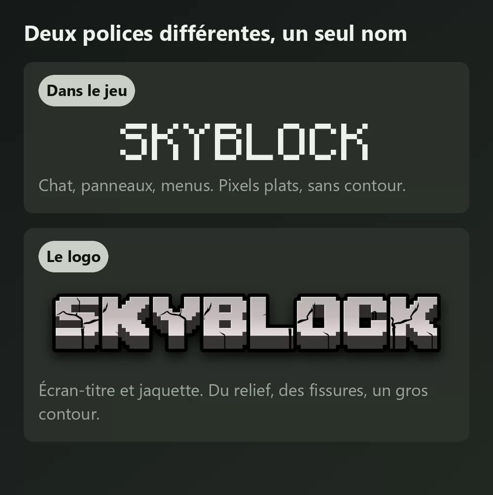 Le mot Skyblock affiché deux fois, d'abord en lettres pixel plates et régulières comme le texte affiché dans Minecraft, puis en grosses capitales de pierre fissurée à contour sombre comme le logo du jeu