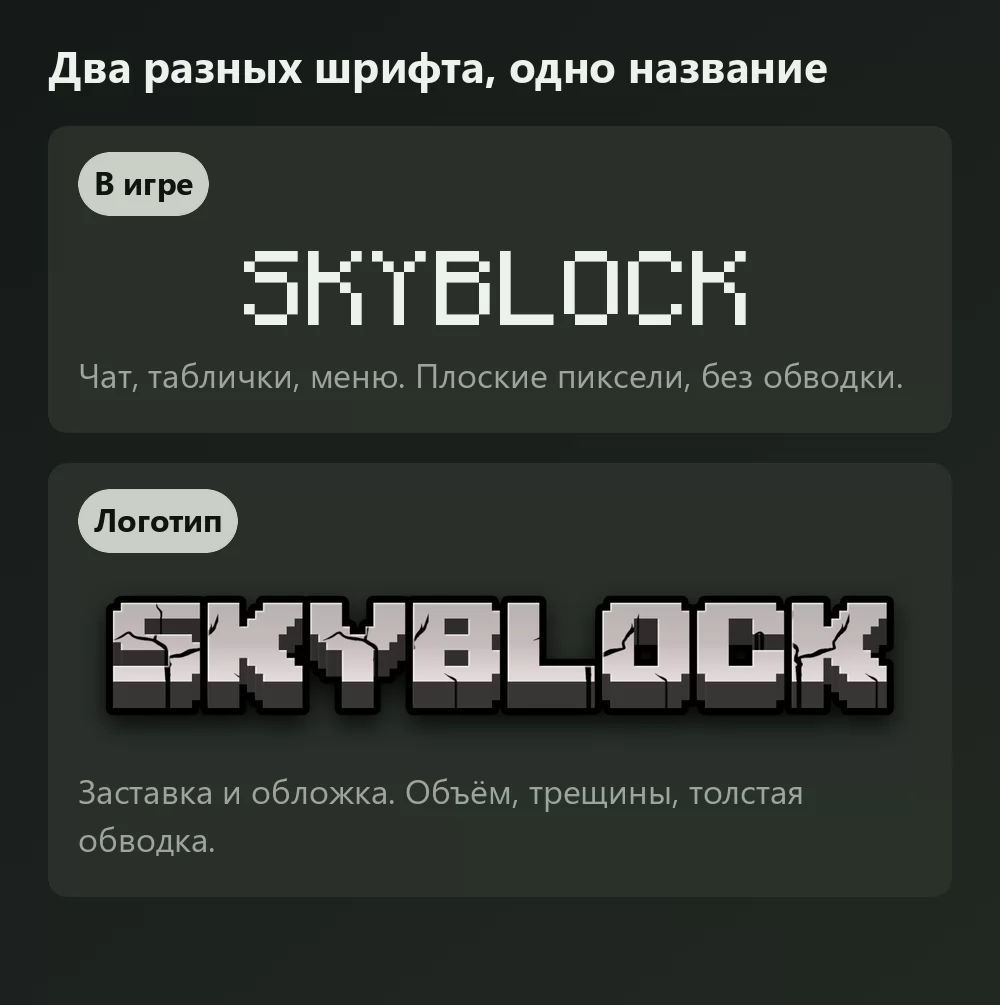 Слово Skyblock показано дважды: сначала плоскими ровными пиксельными буквами, как текст внутри Minecraft, затем толстыми прописными буквами из треснувшего камня с тёмной обводкой, как в логотипе игры