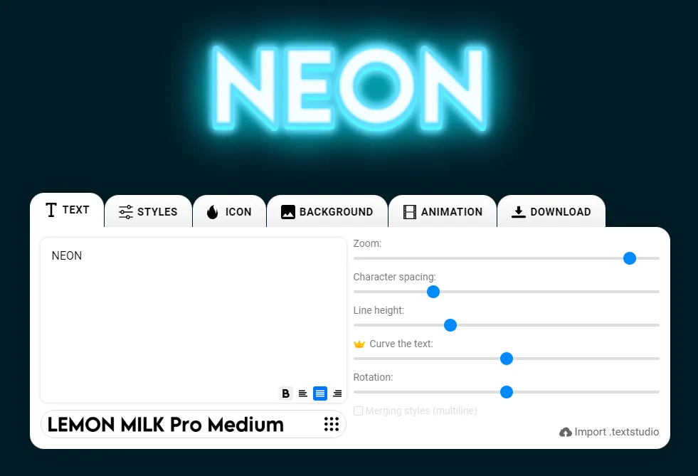 El editor de efectos de texto de neón
