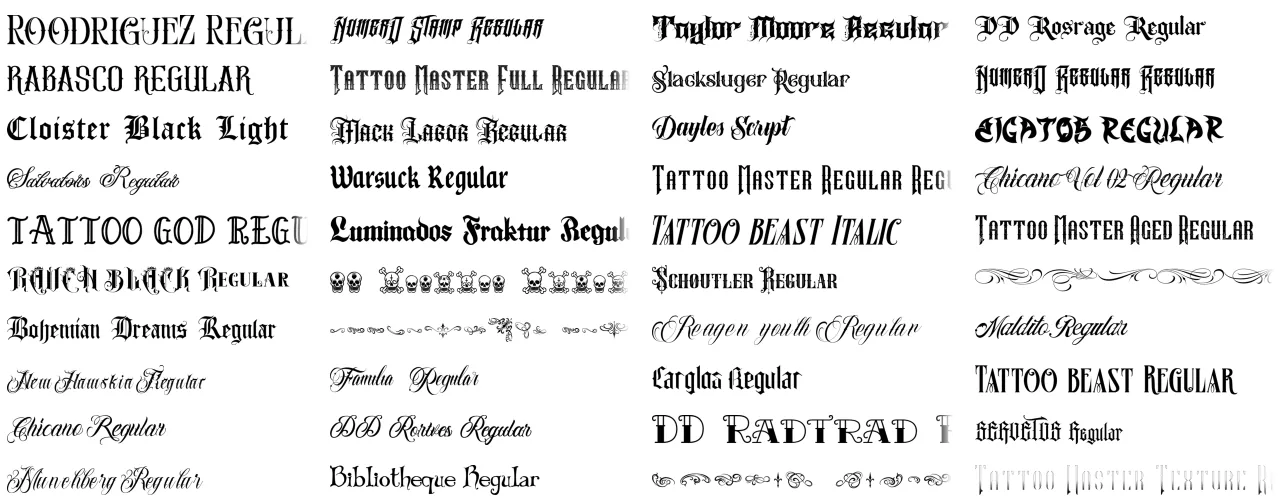 Anteprima degli stili di font per tatuaggi disponibili nel generatore di font di TextStudio