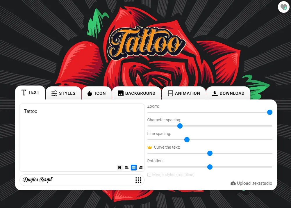 Il generatore di font per tatuaggi di TextStudio con la parola Tattoo su un disegno di rosa rossa