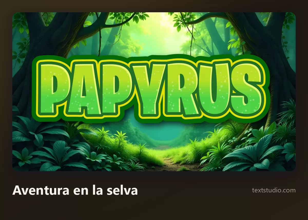 La palabra Papyrus en letras verdes brillantes con un contorno grueso sobre una escena de selva densa y soleada