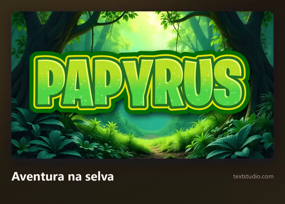 A palavra Papyrus em letras verde-vivas com contorno grosso sobre uma cena densa de selva iluminada pelo sol