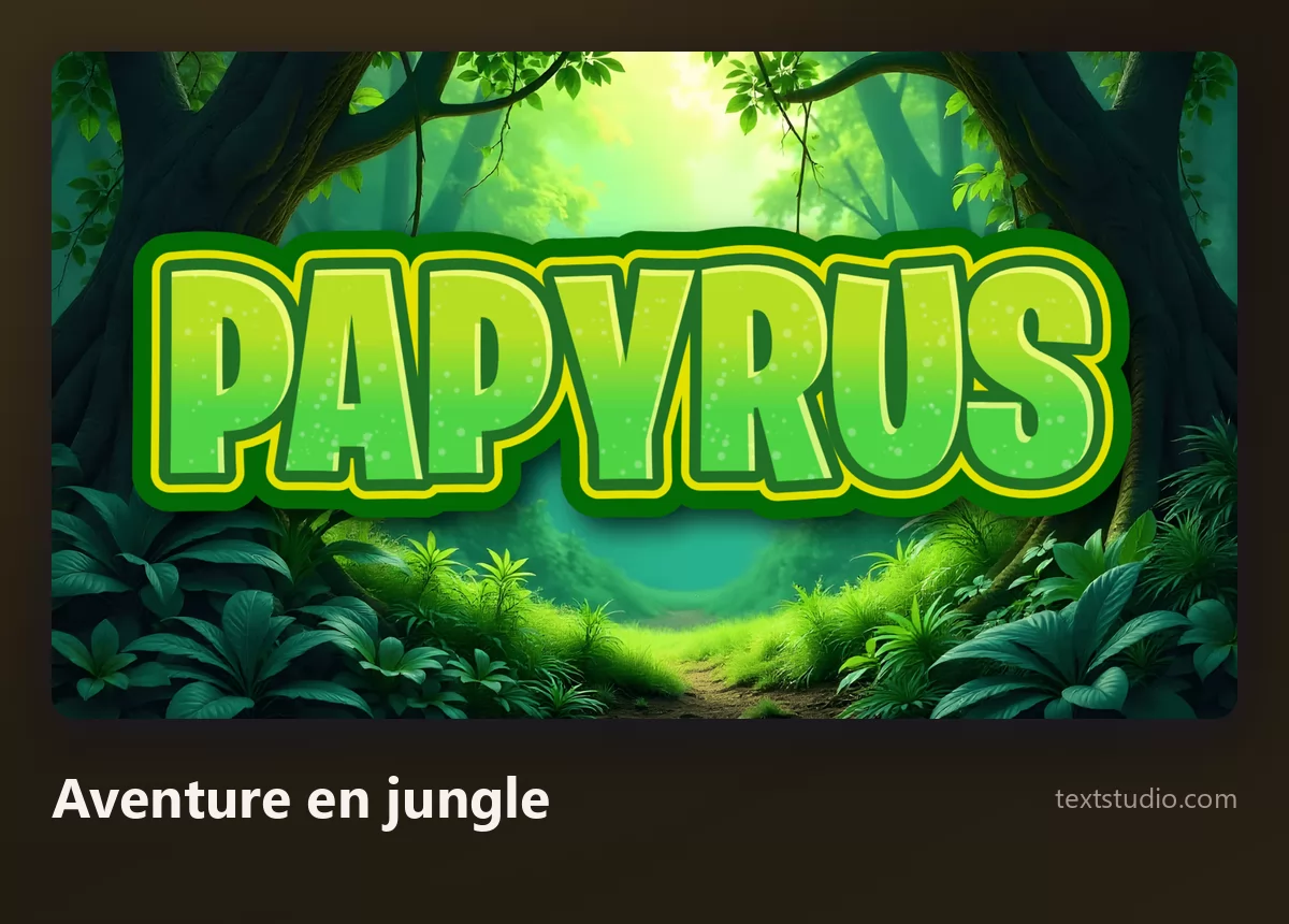 Le mot Papyrus en lettres vert vif avec un contour épais, devant une scène de jungle dense et ensoleillée