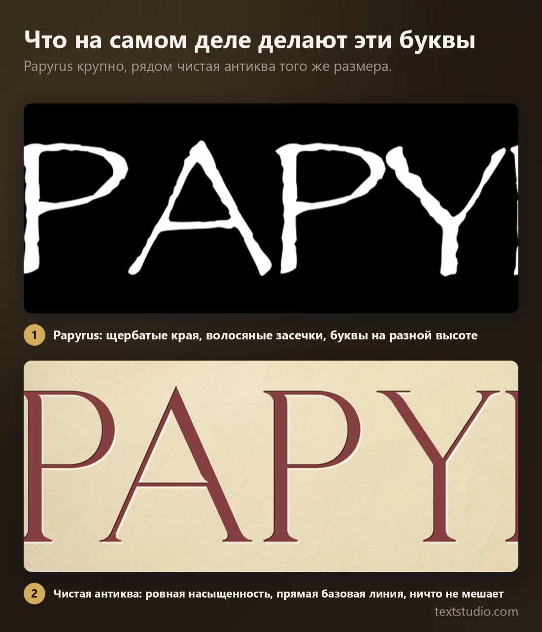 Слово Papyrus крупно в гарнитуре Papyrus, со щербатыми неровными краями и волосяными засечками, рядом чистая антиква того же размера с ровными штрихами и прямой базовой линией