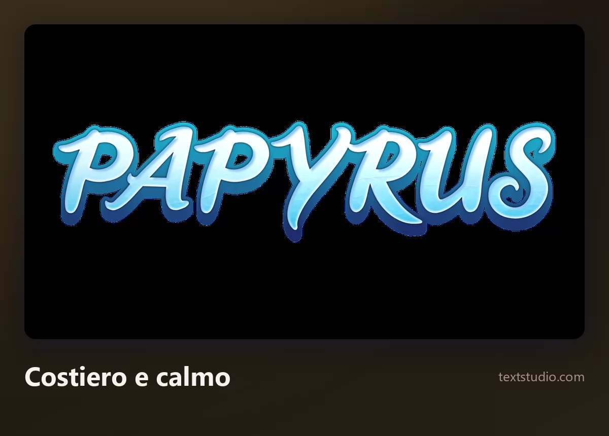 La parola Papyrus in uno script fluido azzurro chiaro con un bagliore morbido, su uno sfondo ardesia smorzato