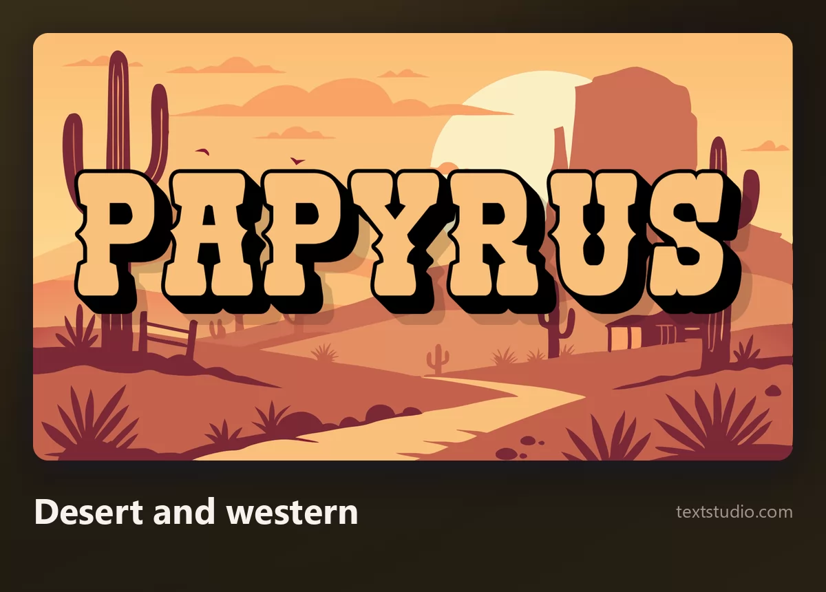 The word Papyrus in warm sand-coloured letters with a heavy shadow set against a desert scene with cacti and rock formations