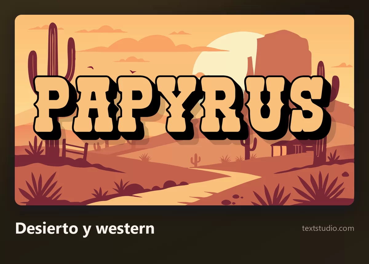 La palabra Papyrus en letras de un cálido color arena con una sombra marcada sobre una escena de desierto con cactus y formaciones rocosas