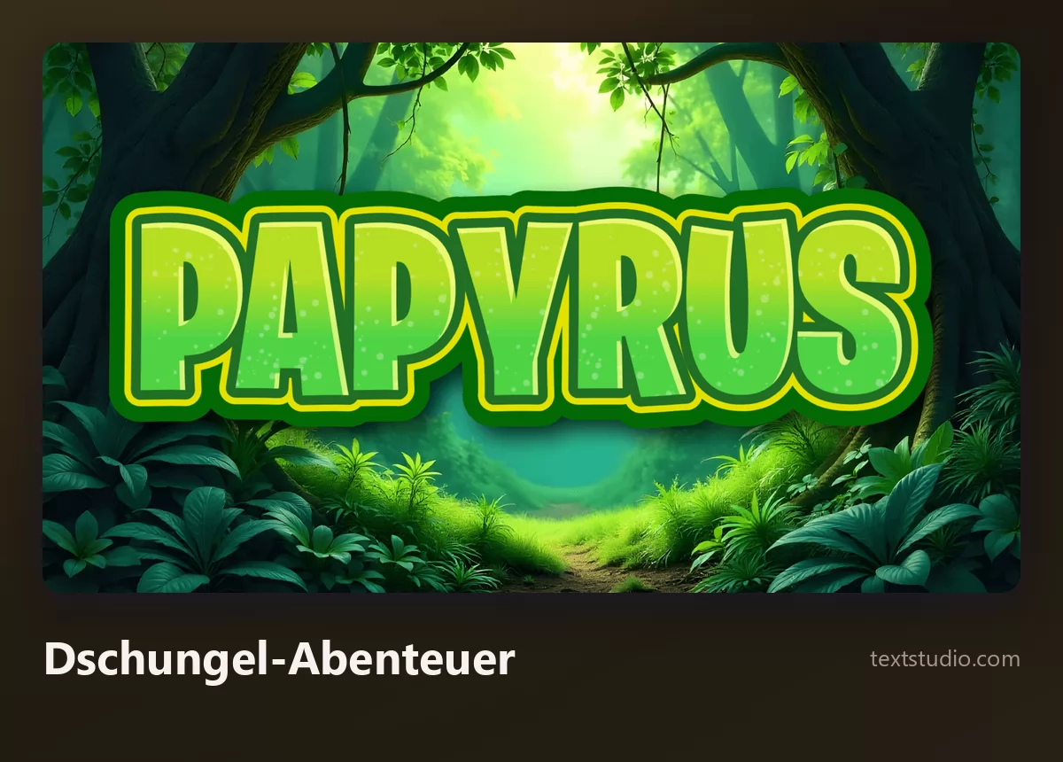 Das Wort Papyrus in leuchtend grünen Buchstaben mit kräftiger Kontur vor einer dichten, sonnendurchfluteten Dschungelszene