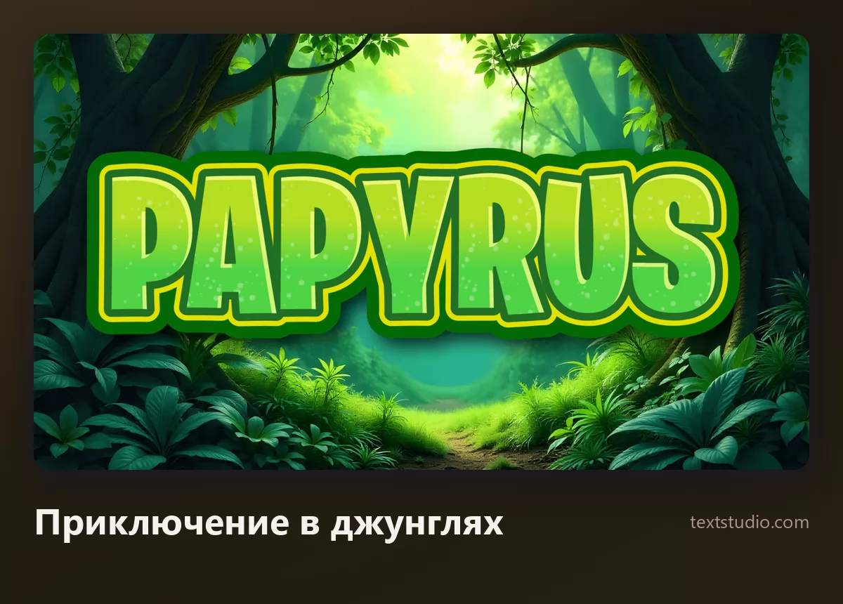 Слово Papyrus ярко-зелёными буквами с толстой обводкой на фоне густых залитых солнцем джунглей