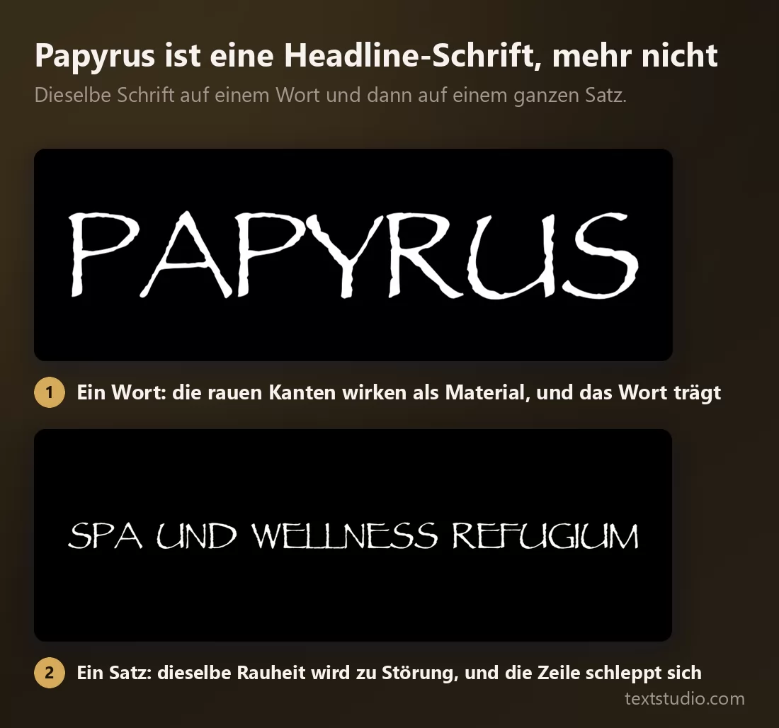 Dieselbe Papyrus-Schrift auf einem einzelnen Wort, wo die rauen Kanten als Material wirken, und dann auf einem ganzen Satz, wo dieselbe Rauheit zu optischer Störung wird