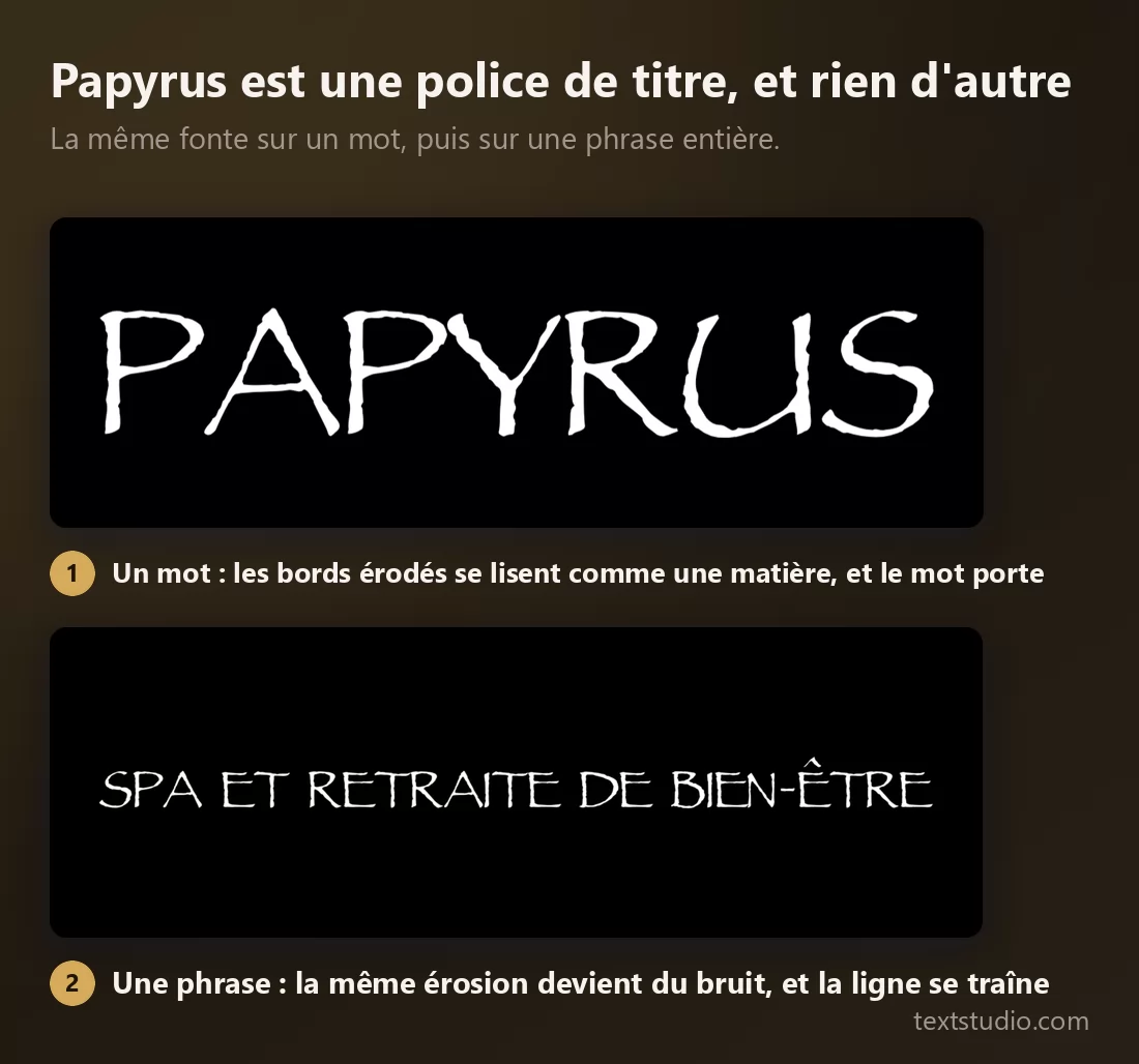 La même police Papyrus sur un seul mot, où les bords rugueux se lisent comme une matière, puis sur une phrase entière, où cette même rugosité devient du bruit visuel