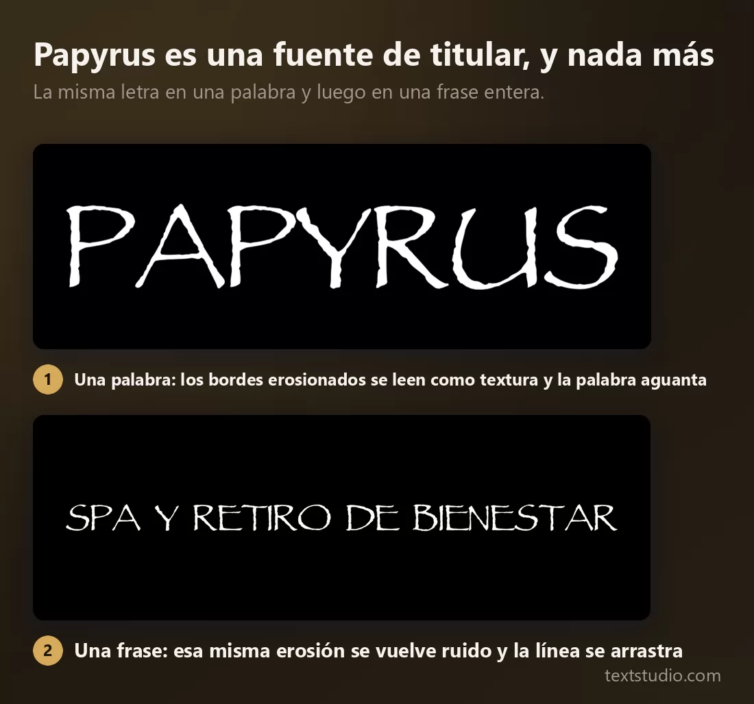 La misma tipografía Papyrus en una sola palabra, donde los bordes ásperos se leen como textura, y luego en una frase entera, donde esa misma aspereza se convierte en ruido visual
