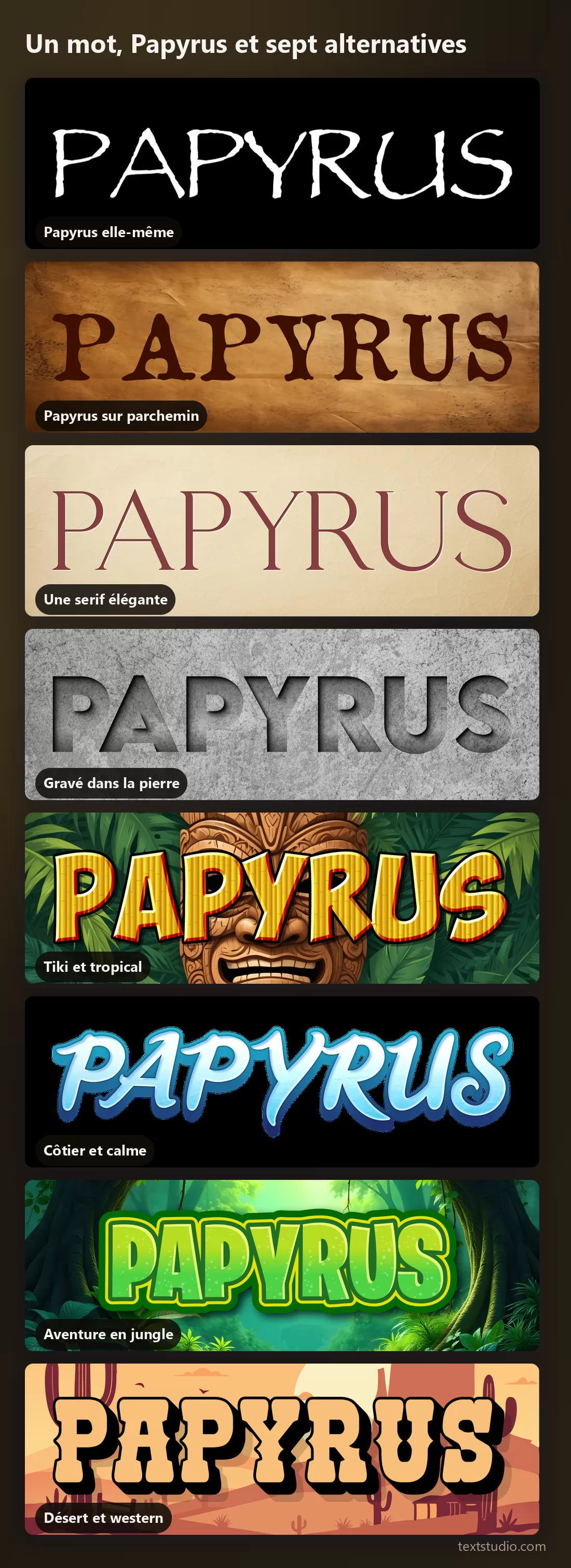 Le même mot dans huit styles de lettrage empilés pour comparaison : Papyrus seule, Papyrus sur parchemin, une serif élégante, la pierre gravée, le tiki, le côtier, la jungle et le désert
