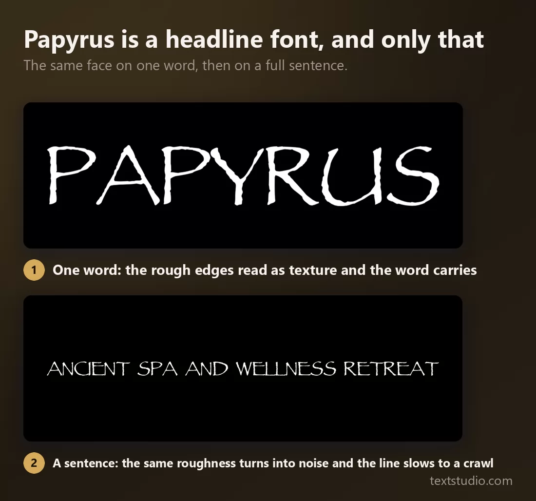 The same Papyrus typeface on a single word where the rough edges read as texture, and then on a full sentence where the same roughness becomes visual noise