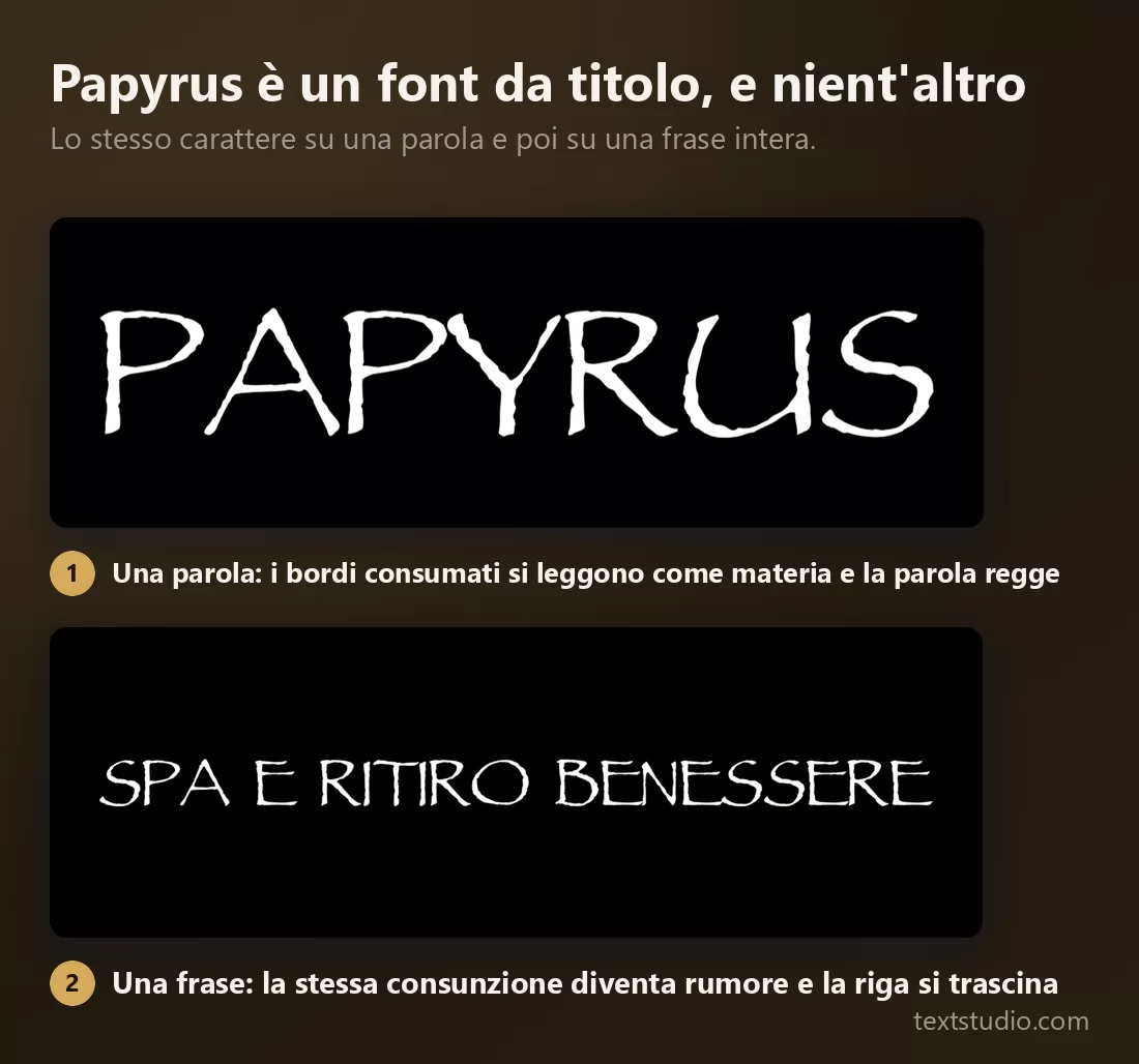 Lo stesso carattere Papyrus su una singola parola, dove i bordi consumati si leggono come materia, e poi su una frase intera, dove la stessa ruvidezza diventa rumore visivo