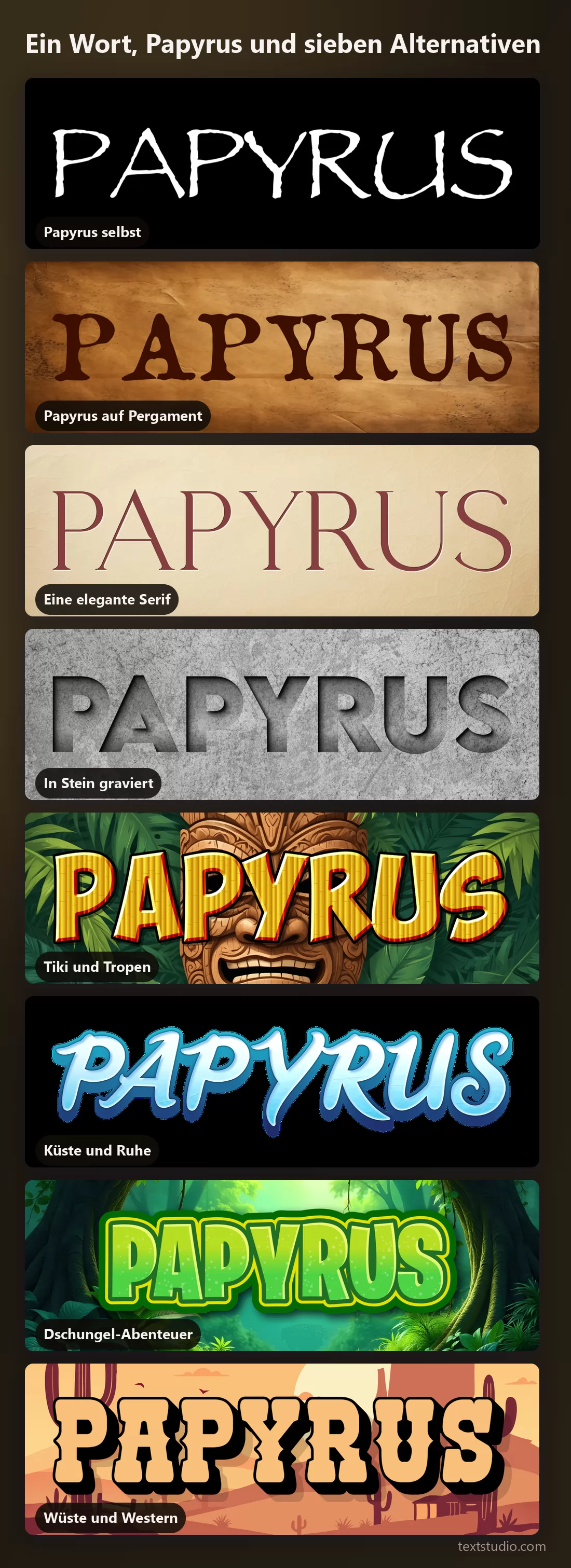 Dasselbe Wort in acht Schriftstilen übereinander zum Vergleich: Papyrus allein, Papyrus auf Pergament, eine elegante Serif, gravierter Stein, Tiki, Küste, Dschungel und Wüste