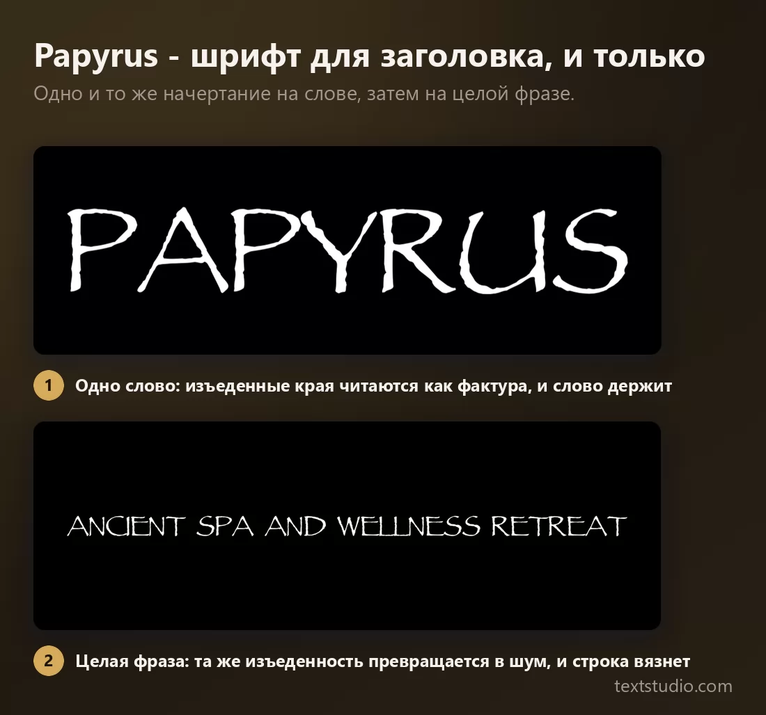 Та же гарнитура Papyrus на одном слове, где рваные края читаются как фактура, и на целой фразе, где та же рваность превращается в визуальный шум