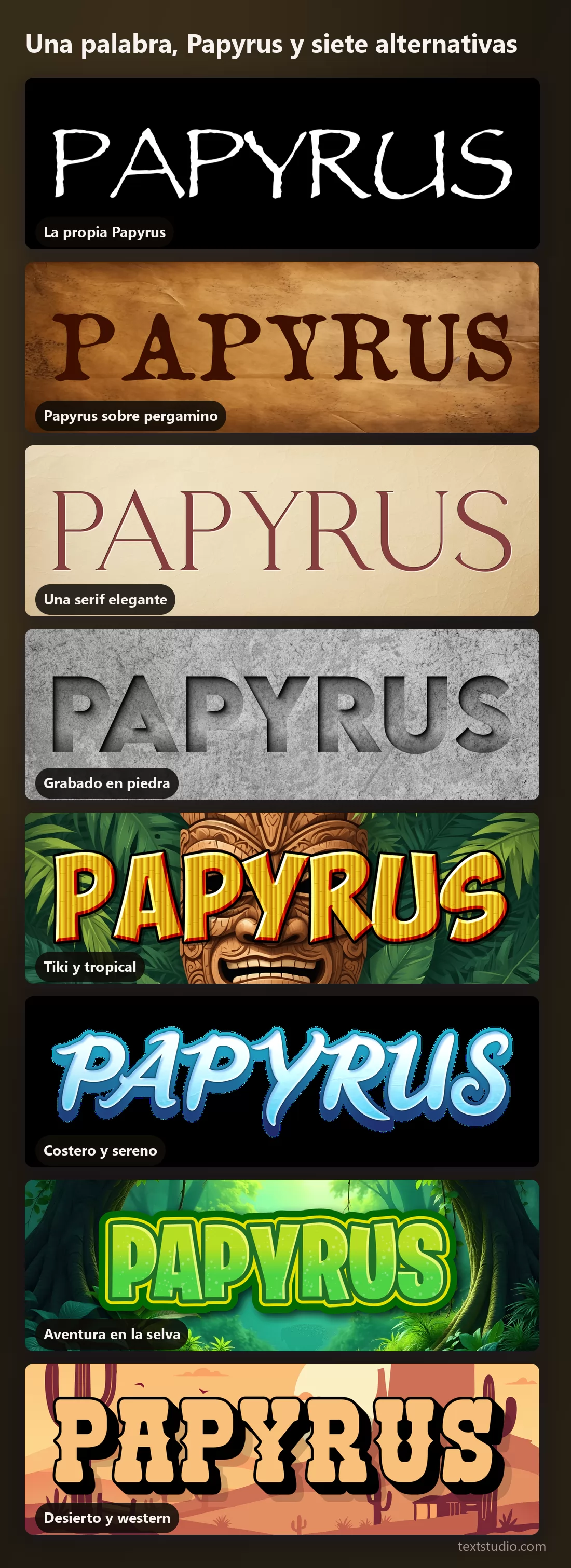 La misma palabra en ocho estilos de lettering apilados para comparar: Papyrus sola, Papyrus sobre pergamino, una serif elegante, piedra grabada, tiki, costero, selva y desierto