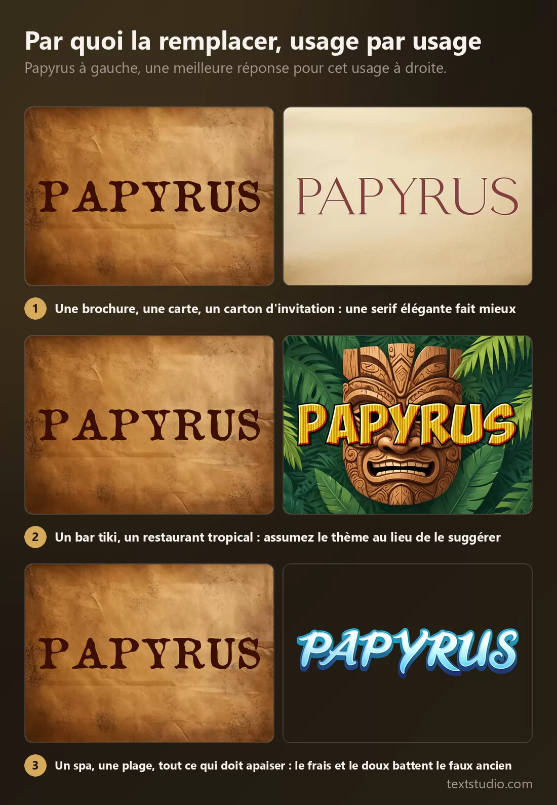 Trois comparaisons, Papyrus sur parchemin à côté d'une meilleure réponse à chaque fois : une serif élégante, une sculpture tiki entourée de feuilles tropicales, et un script côtier aux tons frais