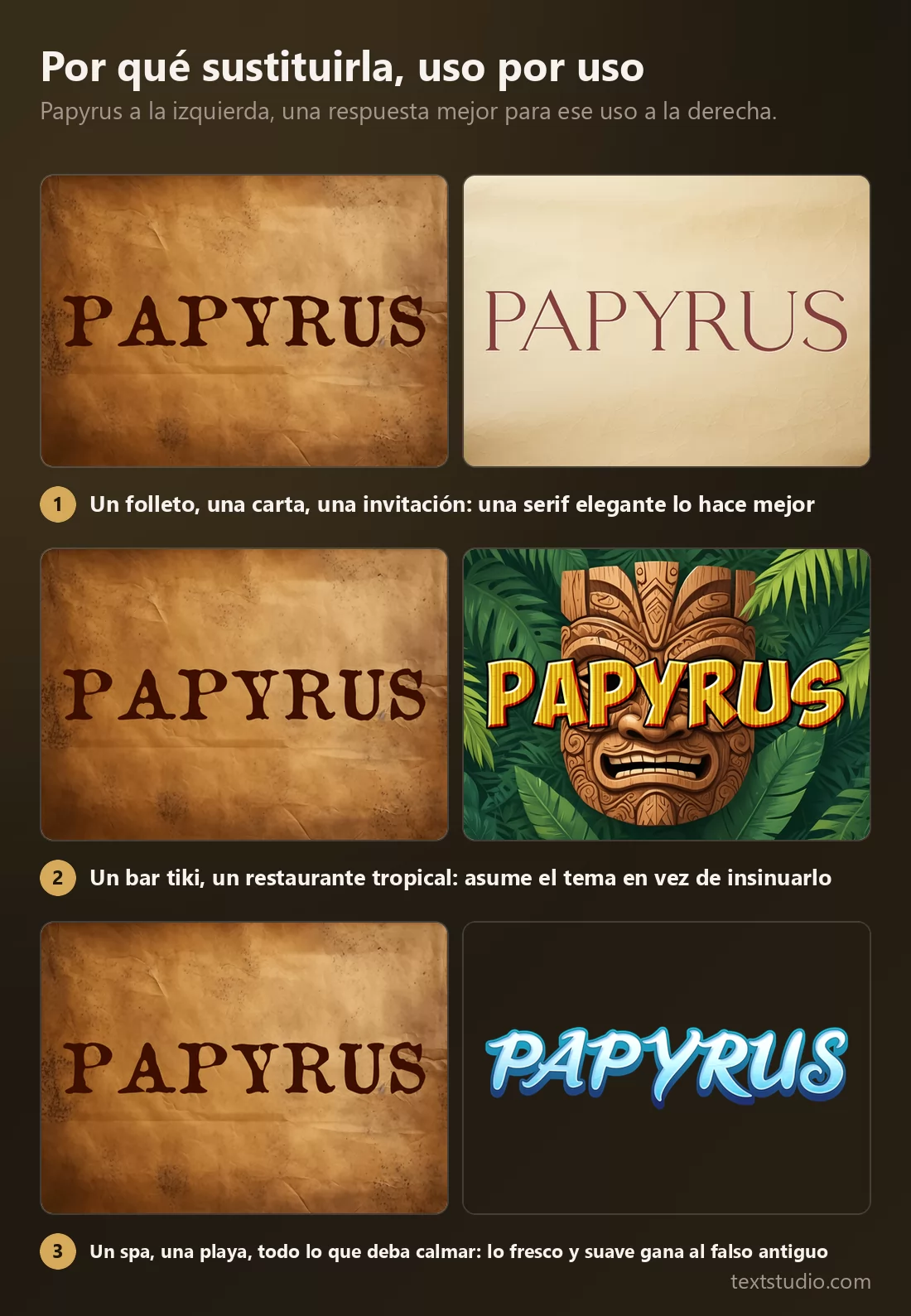 Tres comparaciones, Papyrus sobre pergamino junto a una respuesta mejor cada vez: una serif elegante, un tallado tiki con hojas tropicales y un script costero fresco