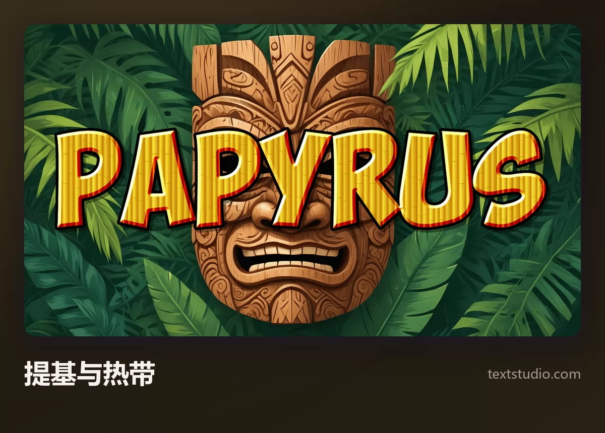 PAPYRUS 一词以粗壮的黄色字母呈现在一张木雕提基面具之上，四周环绕着热带树叶