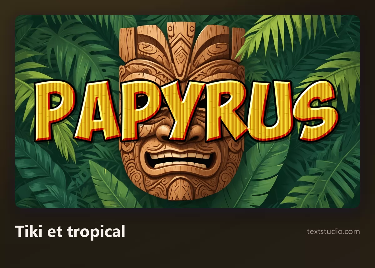 Le mot Papyrus en lettres jaunes grasses par-dessus un masque tiki en bois sculpté entouré de feuilles tropicales