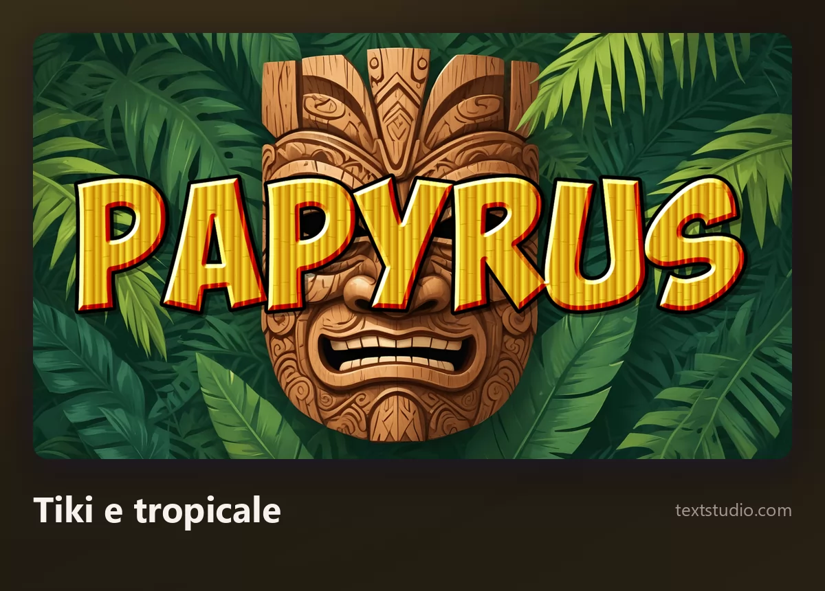 La parola Papyrus in lettere gialle in grassetto sopra una maschera tiki di legno intagliato circondata da foglie tropicali