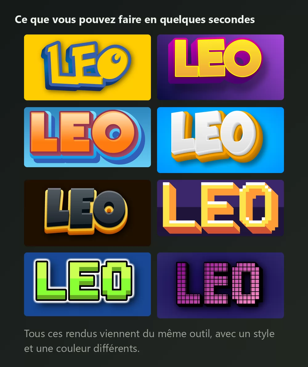 Huit versions du même prénom en lettrage façon Pokémon : jaune, violet, orange, bleu, brun sombre, pixel orange, pixel vert et pixel rose